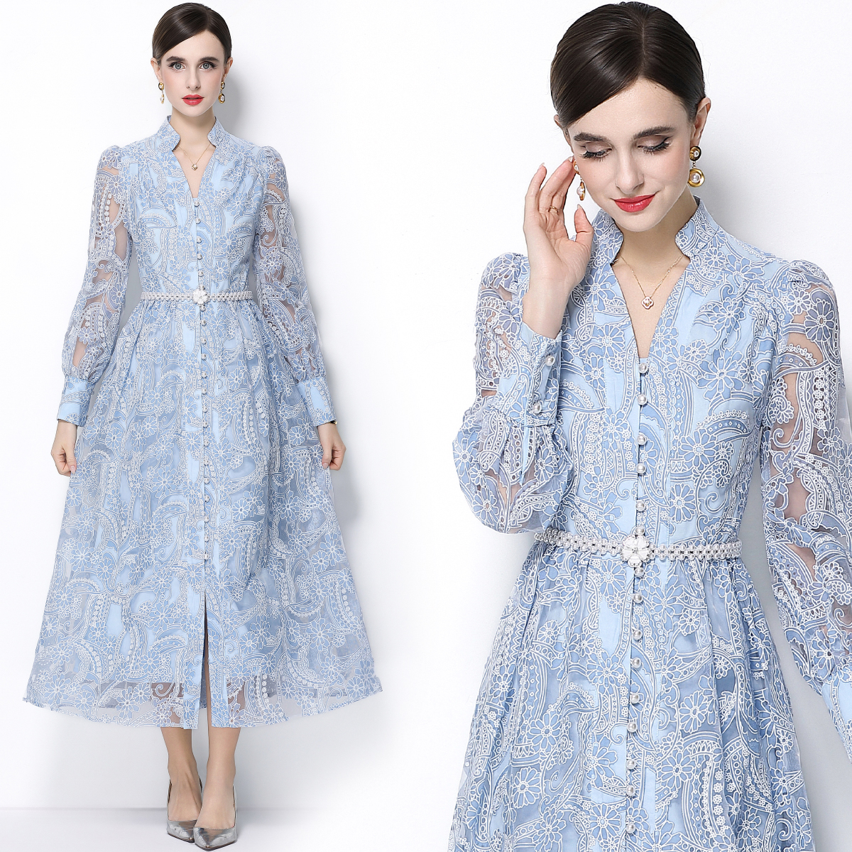 RY549# 实拍法式名媛复古重工蕾丝刺绣立领高级感珍珠扣连衣裙送腰带