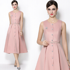 批发实拍优雅轻奢风圆领无袖排扣连衣<b class='q'>裙</b>女收腰显瘦A字连衣<b class='q'>裙</b>送腰带
