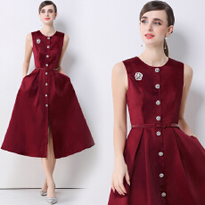 批发实拍优雅轻奢风圆领无袖排扣连衣<b class='q'>裙</b>女收腰显瘦A字连衣<b class='q'>裙</b>送腰带