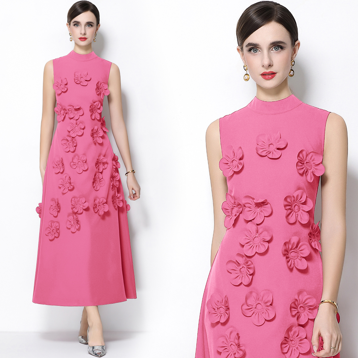 RY547# 实拍气质优雅重工立体花朵立领圆领无袖收腰显瘦A字连衣裙