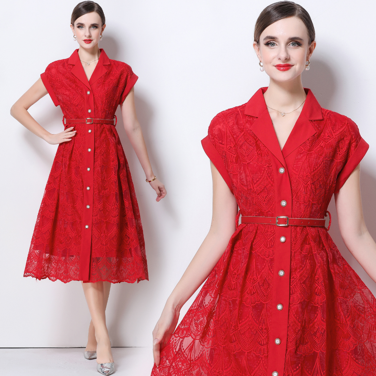 RY546# 实拍优雅气质重工刺绣蕾丝西装领连衣裙女收腰显瘦中长裙送腰带
