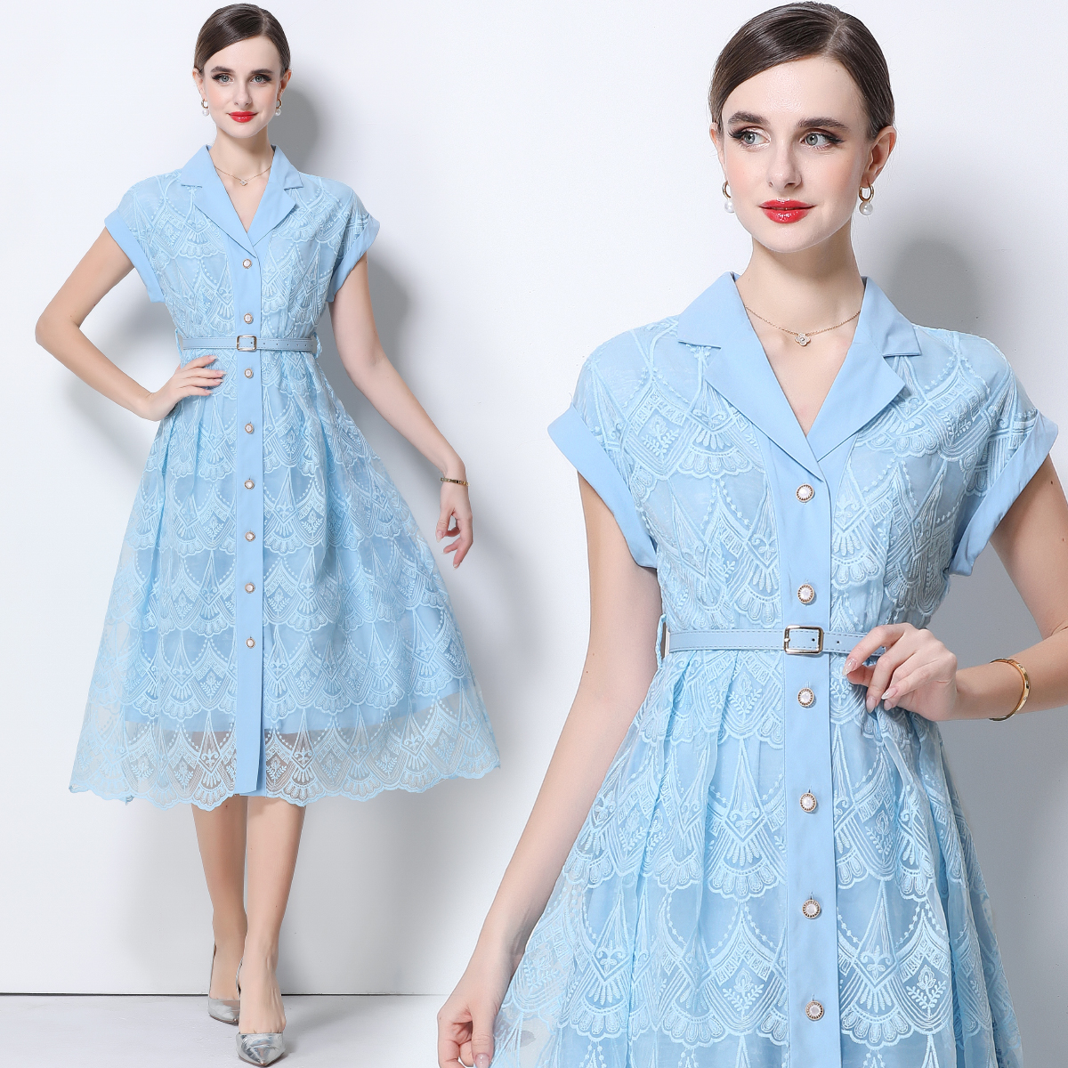 RY545# 实拍优雅气质重工刺绣蕾丝西装领连衣裙女收腰显瘦中长裙送腰带