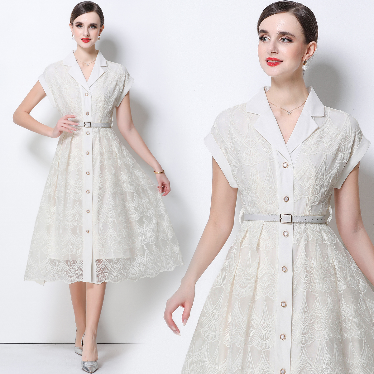 RY544# 实拍优雅气质重工刺绣蕾丝西装领连衣裙女收腰显瘦中长裙送腰带