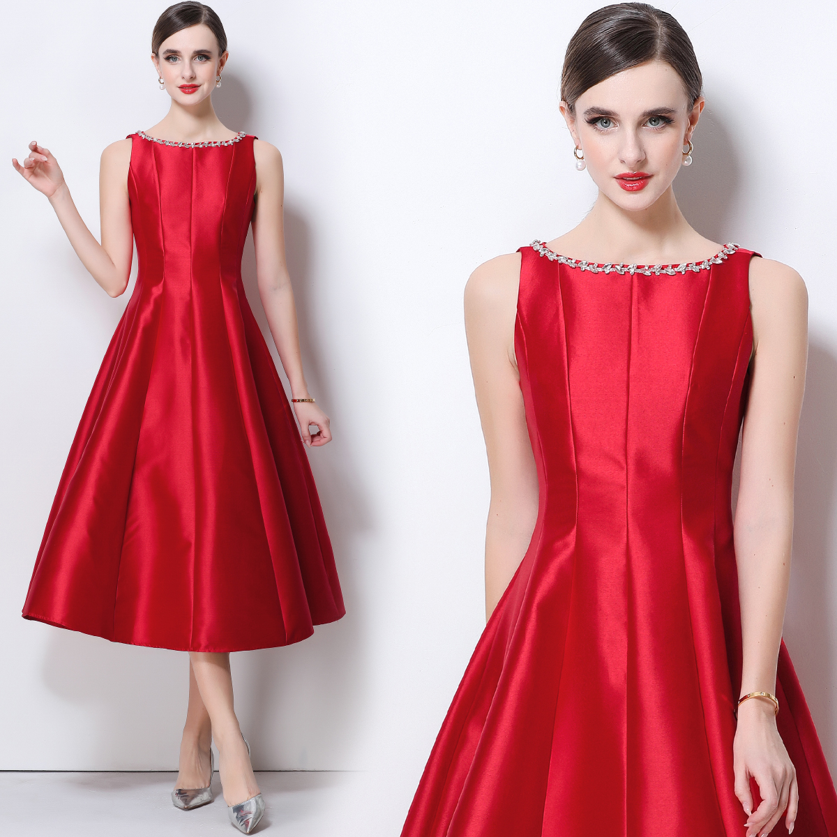 RY542# 实拍优雅风无袖A字缎面连衣裙女圆领镶钻收腰显瘦大摆礼服裙