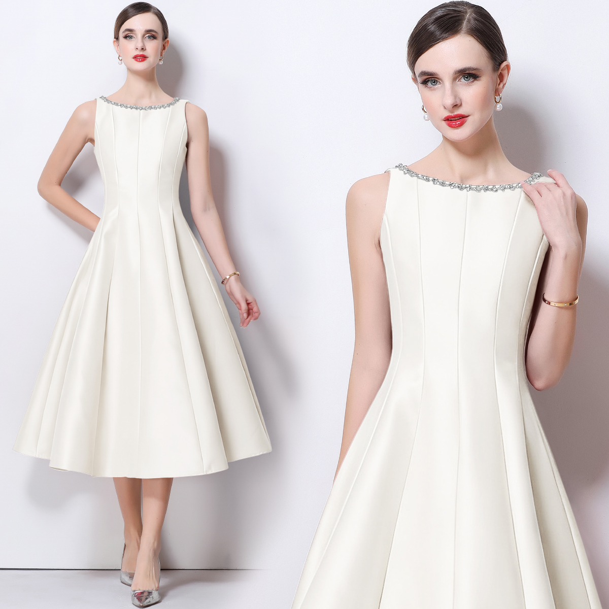 RY543# 实拍优雅风无袖A字缎面连衣裙女圆领镶钻收腰显瘦大摆礼服裙