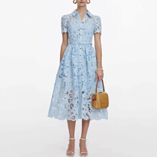 批发实拍法式<b class='q'>镂空</b>花朵蕾丝翻领短袖修身收腰<b class='q'>连衣裙</b>内搭吊带配腰带