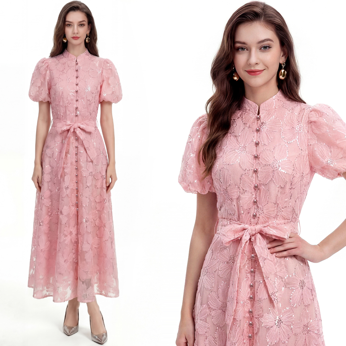 RY3283# 实拍法式温柔风蕾丝短袖立领单排扣收腰显瘦A字裙连衣裙