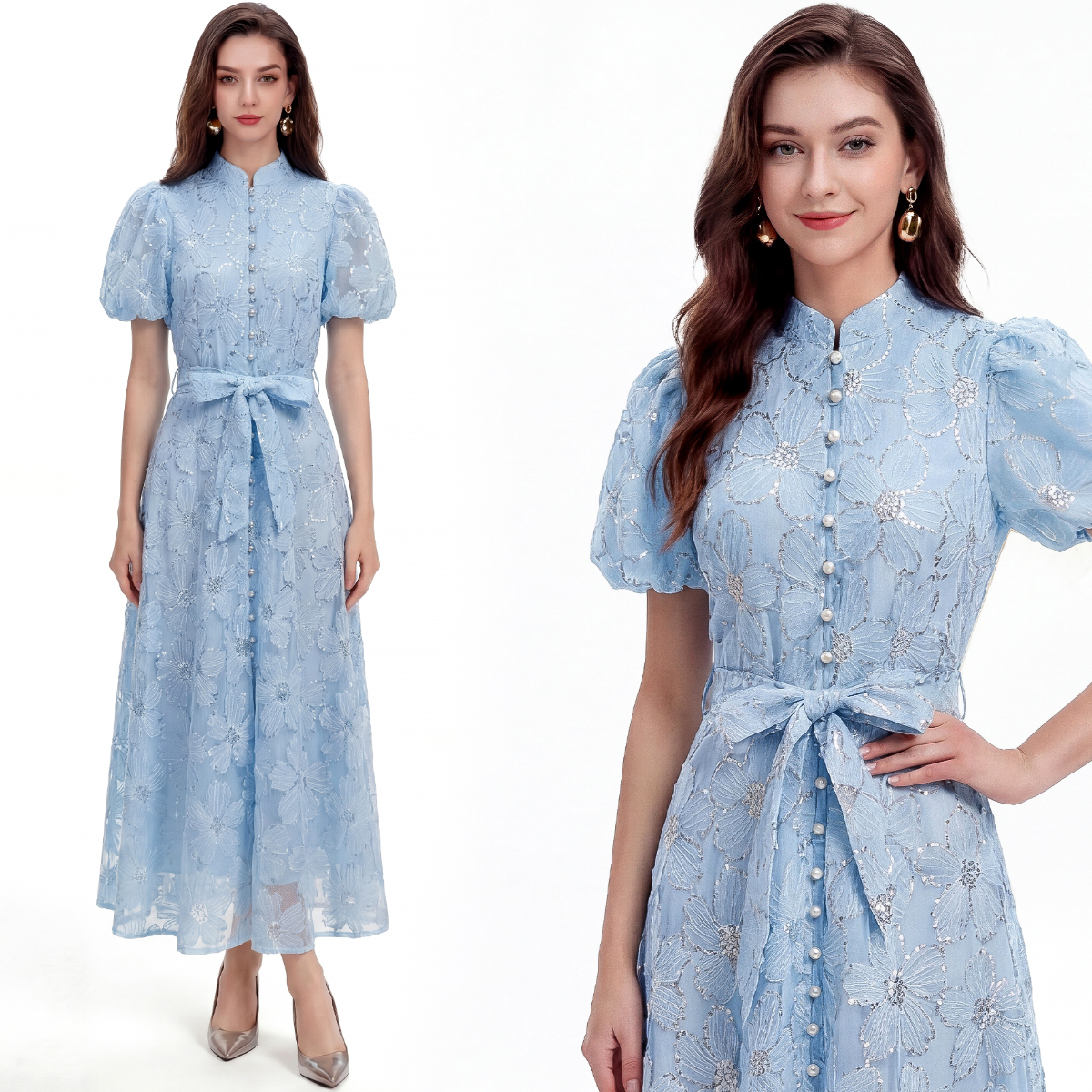 RY3284# 实拍法式温柔风蕾丝短袖立领单排扣收腰显瘦A字裙连衣裙