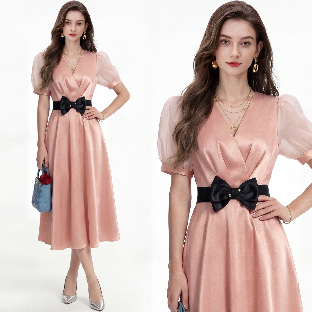 RY3282# 实拍优雅气质缎面V领连衣裙泡泡袖收腰显瘦A字裙中长礼服裙