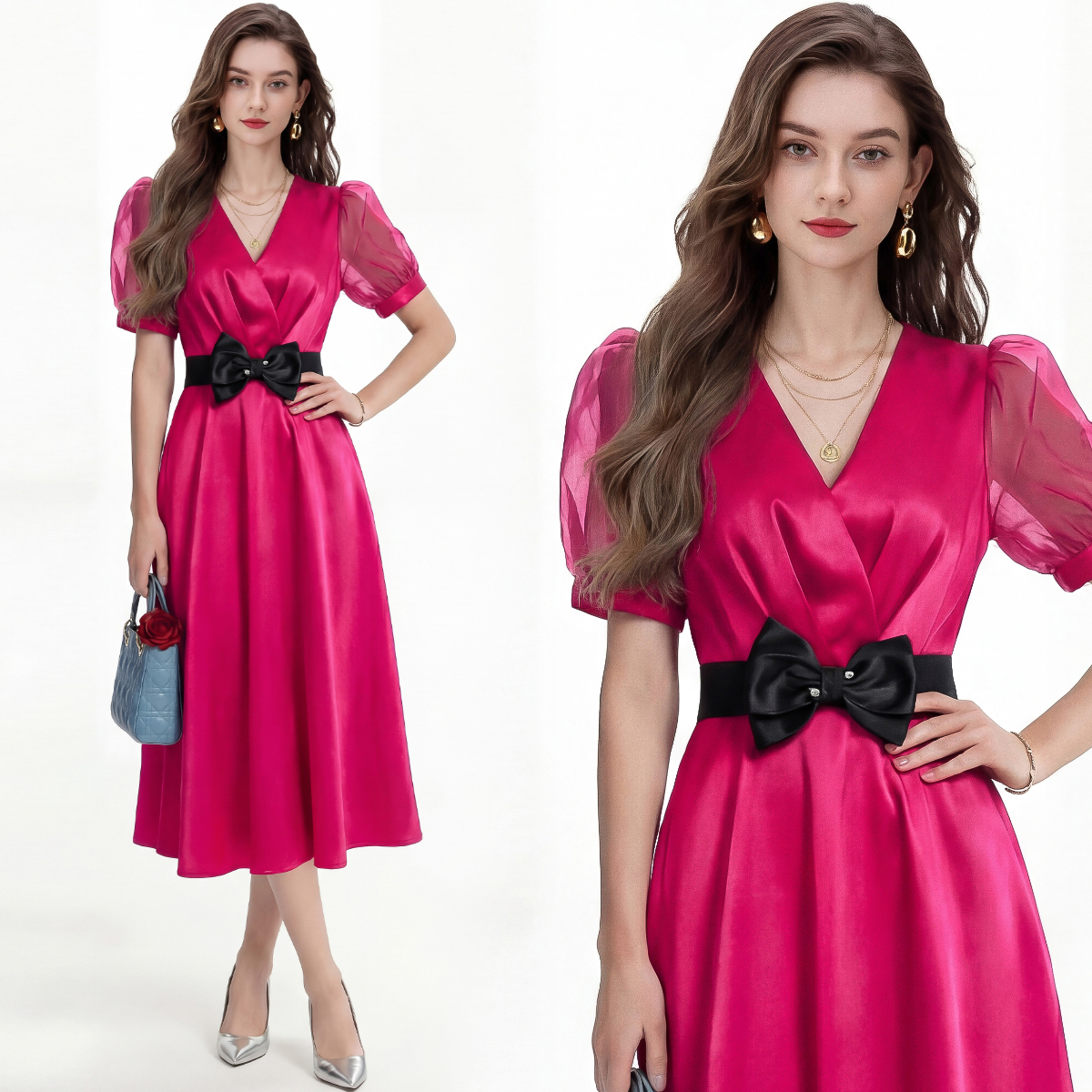 RY3280# 实拍优雅气质缎面V领连衣裙泡泡袖收腰显瘦A字裙中长礼服裙