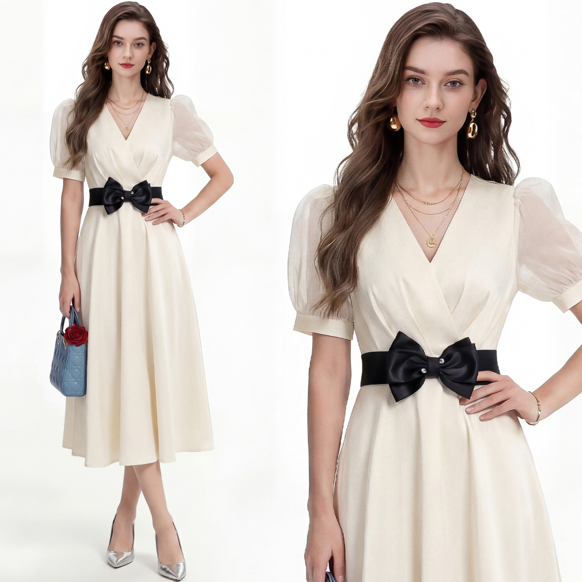 RY3279# 实拍优雅气质缎面V领连衣裙泡泡袖收腰显瘦A字裙中长礼服裙