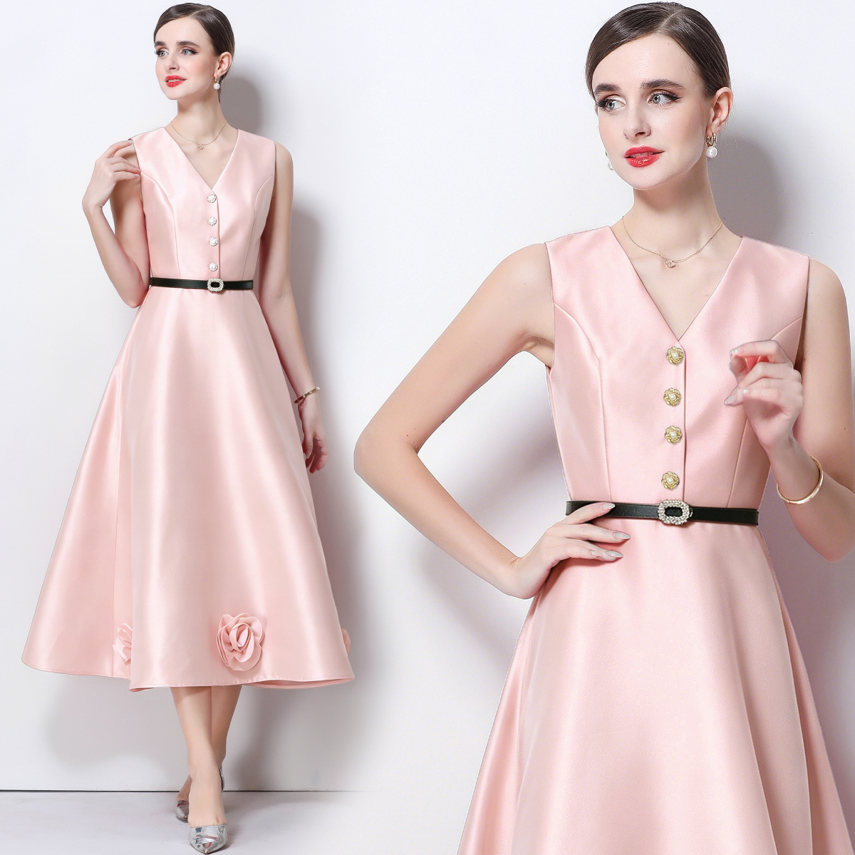 RY4121# 实拍法式简约立体花朵连衣裙无袖V领收腰显瘦中长裙女配腰带