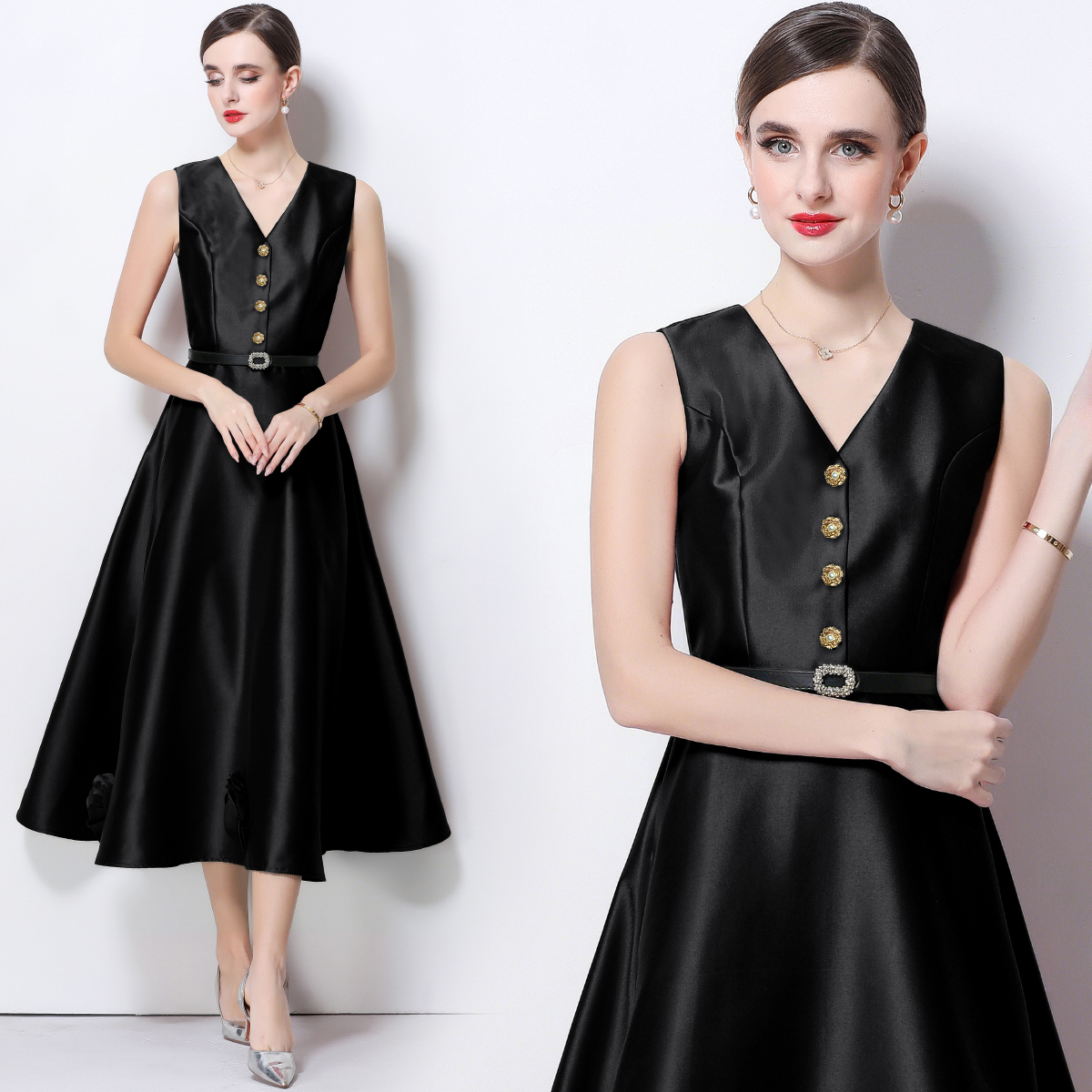 RY4120# 实拍法式简约立体花朵连衣裙无袖V领收腰显瘦中长裙女配腰带