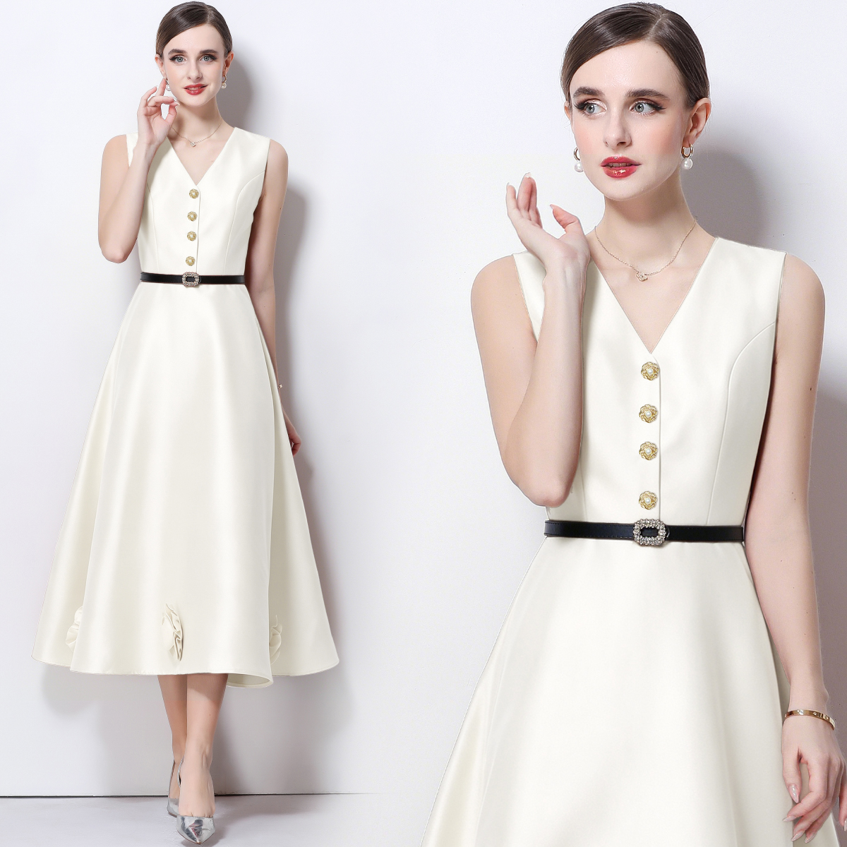 RY4119# 实拍法式简约立体花朵连衣裙无袖V领收腰显瘦中长裙女配腰带