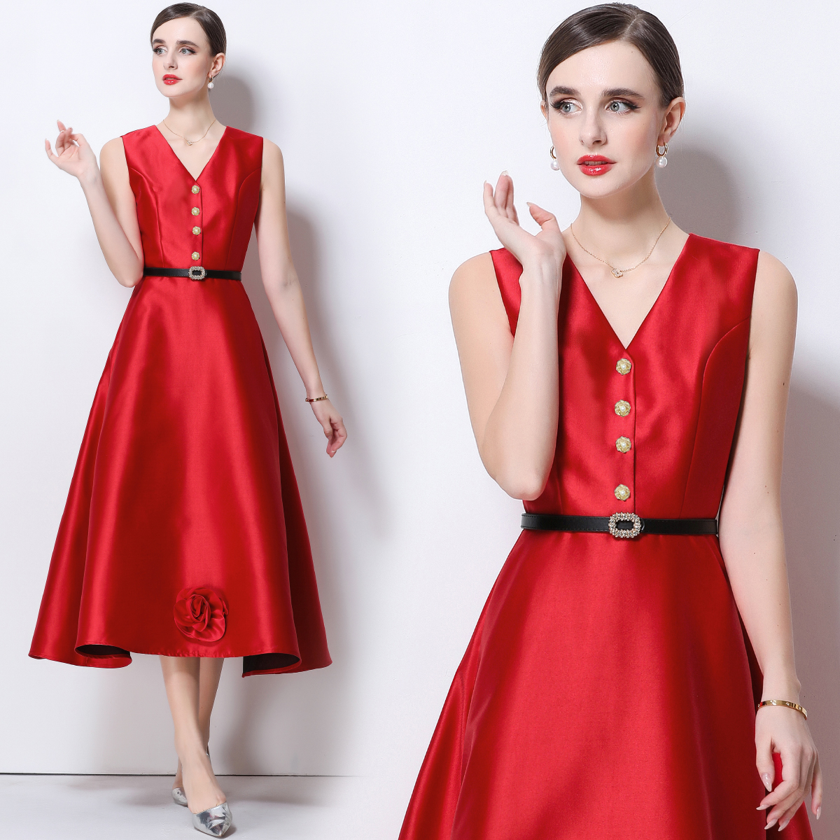 RY4118# 实拍法式简约立体花朵连衣裙无袖V领收腰显瘦中长裙女配腰带