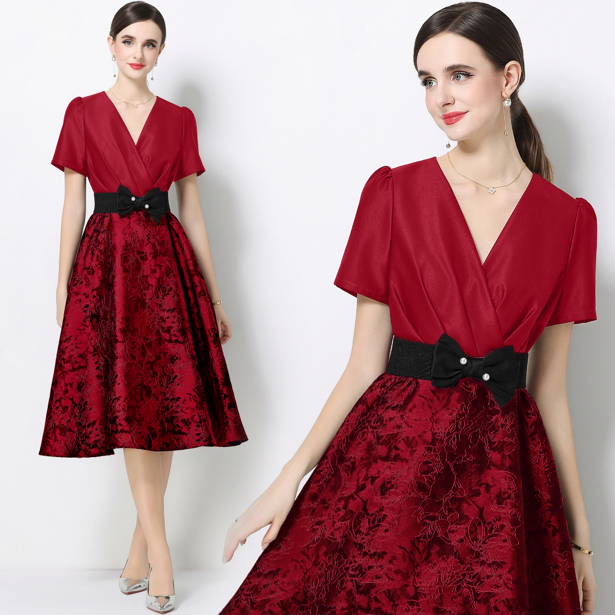 RY4117# 实拍轻奢优雅高级感连衣裙短袖提花礼服裙收腰显瘦中长款