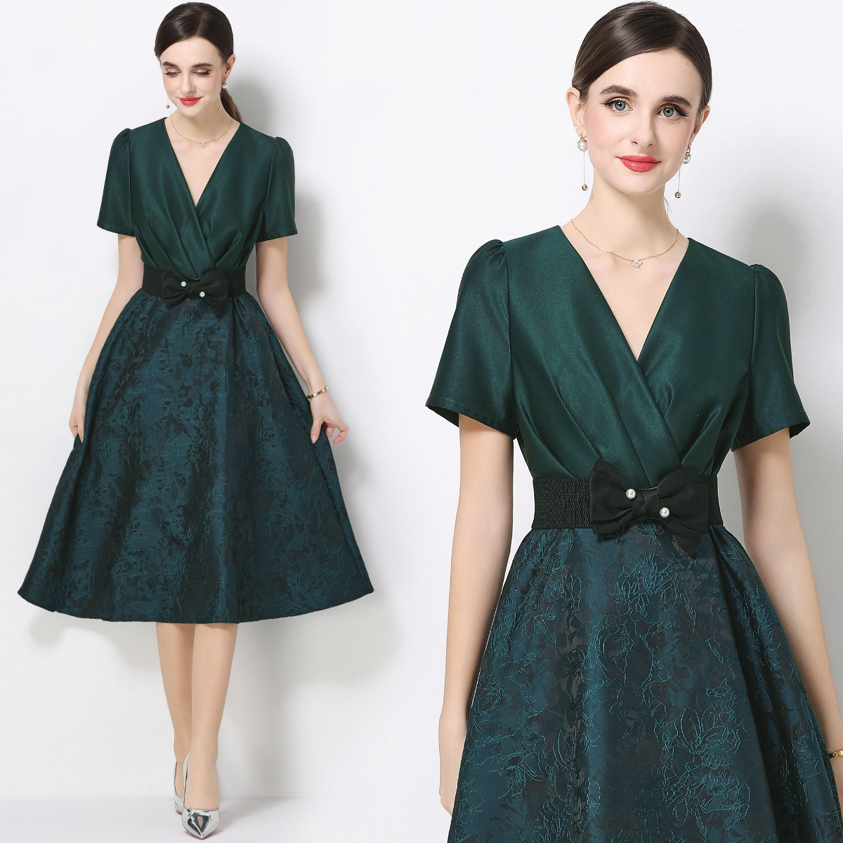 RY4116# 实拍轻奢优雅高级感连衣裙短袖提花礼服裙收腰显瘦中长款