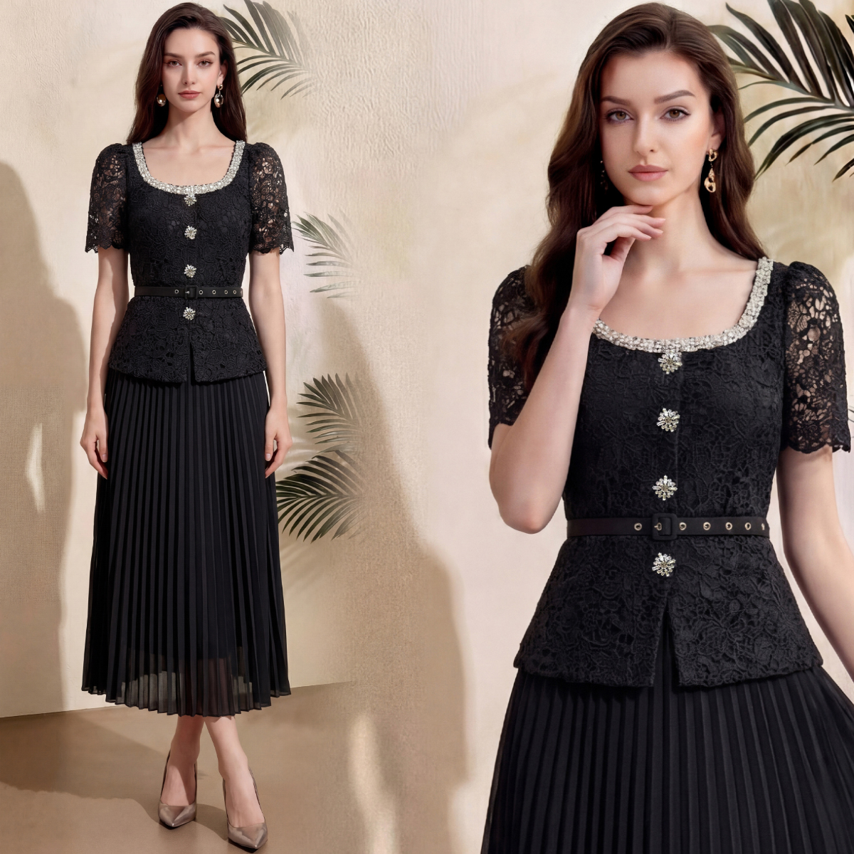 RY4115# 实拍法式小香风修身镶钻大圆领短袖蕾丝拼接中长百褶连衣裙配腰带