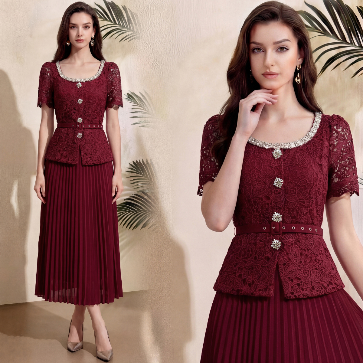 RY4114# 实拍法式小香风修身镶钻大圆领短袖蕾丝拼接中长百褶连衣裙配腰带