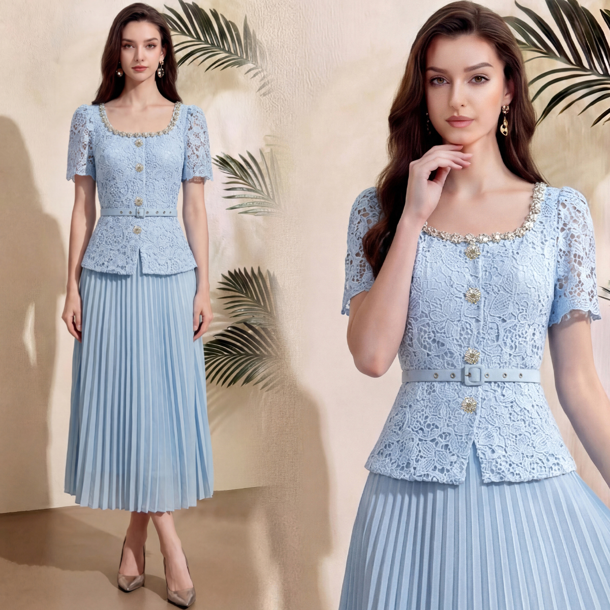 RY4113# 实拍法式小香风修身镶钻大圆领短袖蕾丝拼接中长百褶连衣裙配腰带