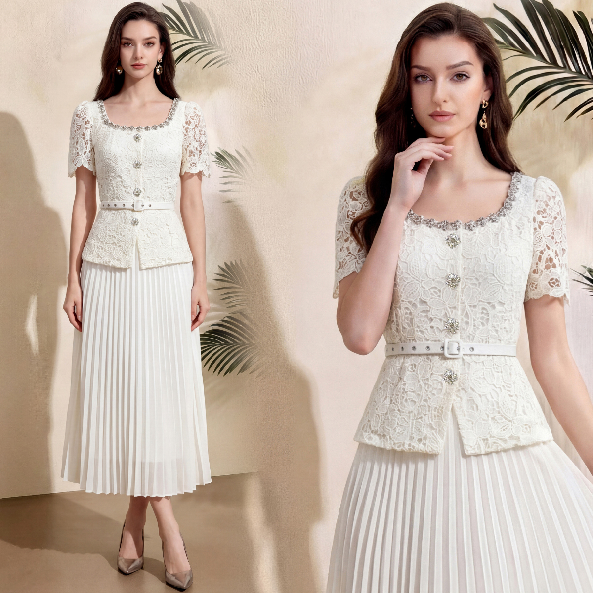 RY4112# 实拍法式小香风修身镶钻大圆领短袖蕾丝拼接中长百褶连衣裙配腰带