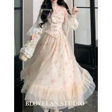 批发Blovelan花漾星纱 法式气质浪漫印花蕾丝细闪网纱吊带<b class='q'>连衣裙</b>夏季