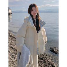 批发韩版<b class='q'>甜美</b>减龄格纹连帽羽绒服女2025年冬季新款显瘦加厚白鸭绒外套