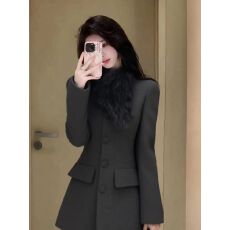 批发老钱风韩系小香风名媛气质<b class='q'>大</b>衣高级感深灰色毛领毛呢短款外套女冬