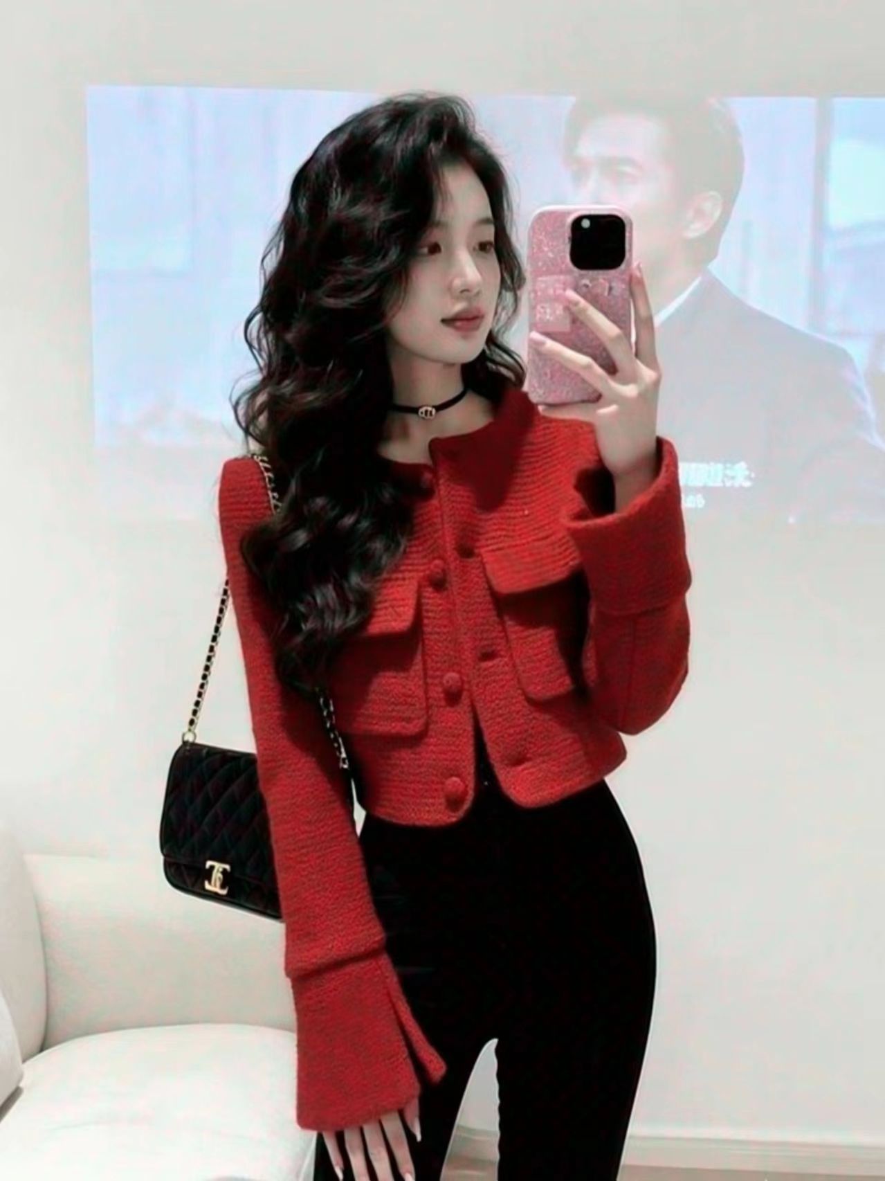 빨간색 작은 샤넬 스타일 재킷 2026 이른 봄 새로운 올해 인기 폭발 고급 품격 세련된 신년 맨위 겨울