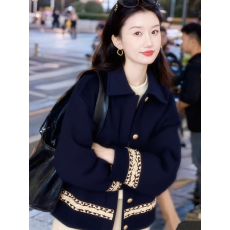 批发2026早春新款爆款独特超好看藏蓝色翻领小香风休闲夹克<b class='q'>外套</b>女春秋