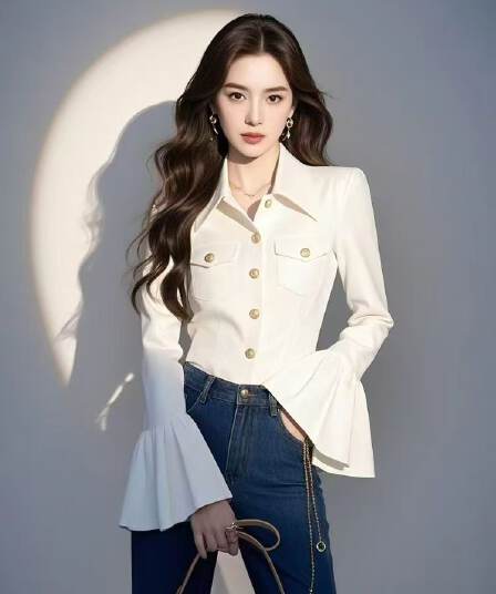 프랑스식 빛 럭셔리 고급 센스 화이트 여성 셔츠 2026 봄 나팔 소매 긴팔 맨위
