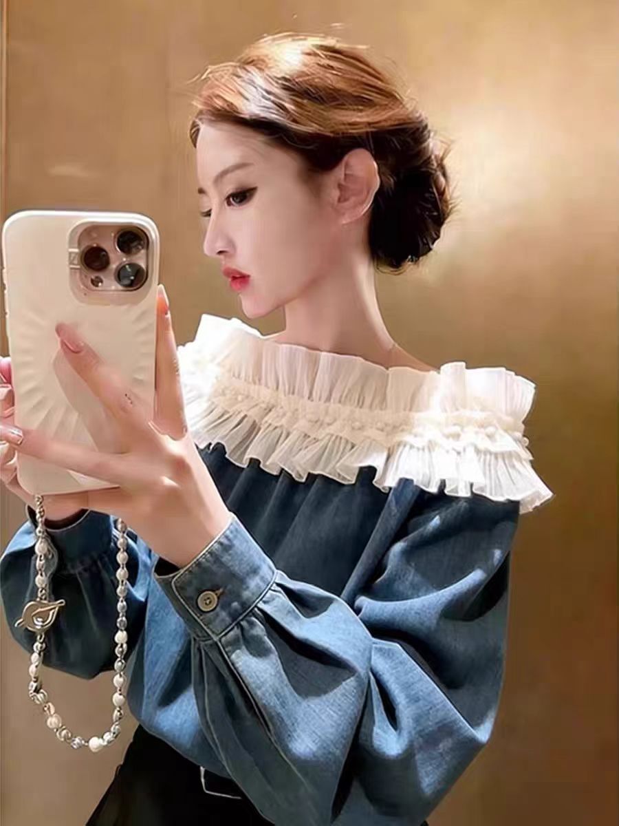 2026 년 봄 디자인 센스 오프숄더 레이스 데님 셔츠 여자 긴팔 출퇴근 빛 럭셔리 고급 센스 맨위