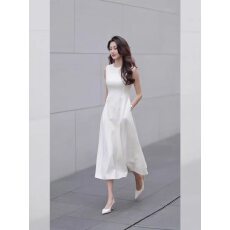 批发法式简约休闲宽松无袖<b class='q'>连衣裙</b>女夏微胖显瘦气质收腰<b class='q'>白色</b>A字背心裙