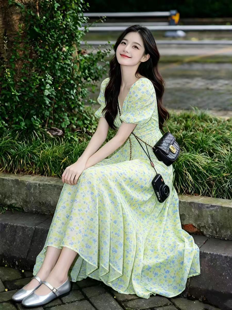 프랑스식 품격 녹색 꽃무늬 거품 소매 여성 드레스 2026 여름 새로운 작은 키 고급 센스 길다 치마