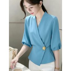 批发蓝色五分泡泡<b class='q'>袖</b>衬衫女高级感轻奢减龄洋气法式小资漂亮V领<b class='q'>上衣</b>夏
