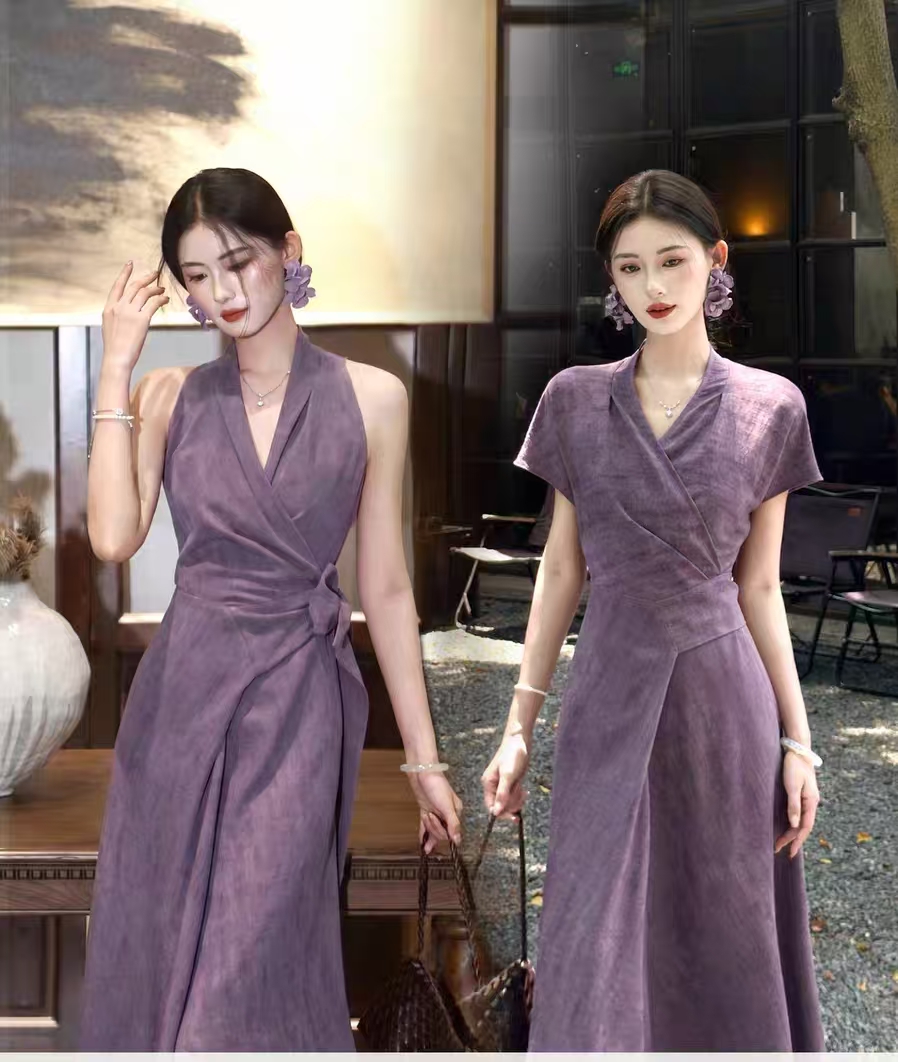 링 茜 거만한 와우 보라색 라임 프랑스식 보라색 행침 목 여성 드레스 봄 여름 레트로 민소매 레이스업 허리 수축 롱 스커트