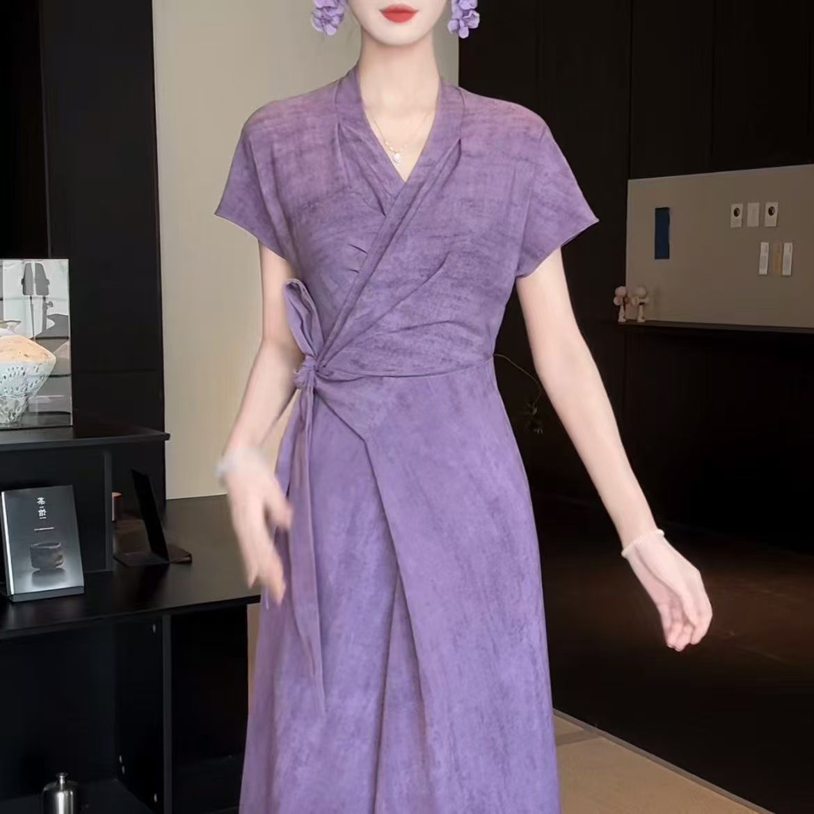 링 茜 거만한 와우 보라색 라임 프랑스식 보라색 행침 목 여성 드레스 봄 여름 레트로 민소매 레이스업 허리 수축 롱 스커트