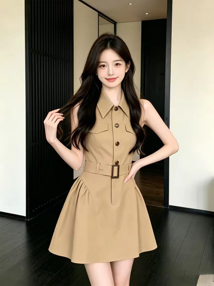 천 금빛 바람 품격 카키 색 허리 수축 민소매 여성 드레스 여름 고급 센스 몸매 가꾸기 슬림해 보이는 셔츠 드레스 작은 치마