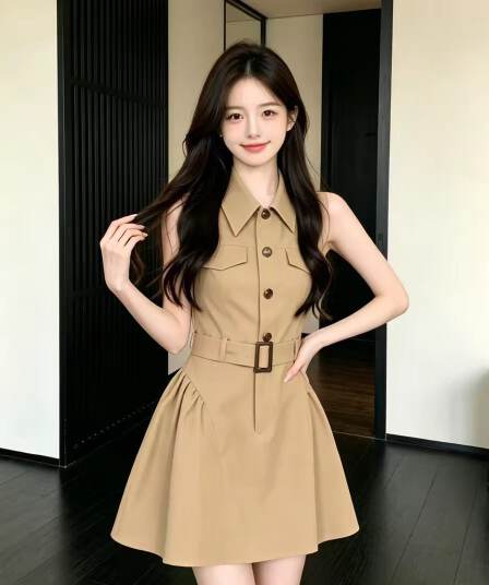 천 금빛 바람 품격 카키 색 허리 수축 민소매 여성 드레스 여름 고급 센스 몸매 가꾸기 슬림해 보이는 셔츠 드레스 작은 치마