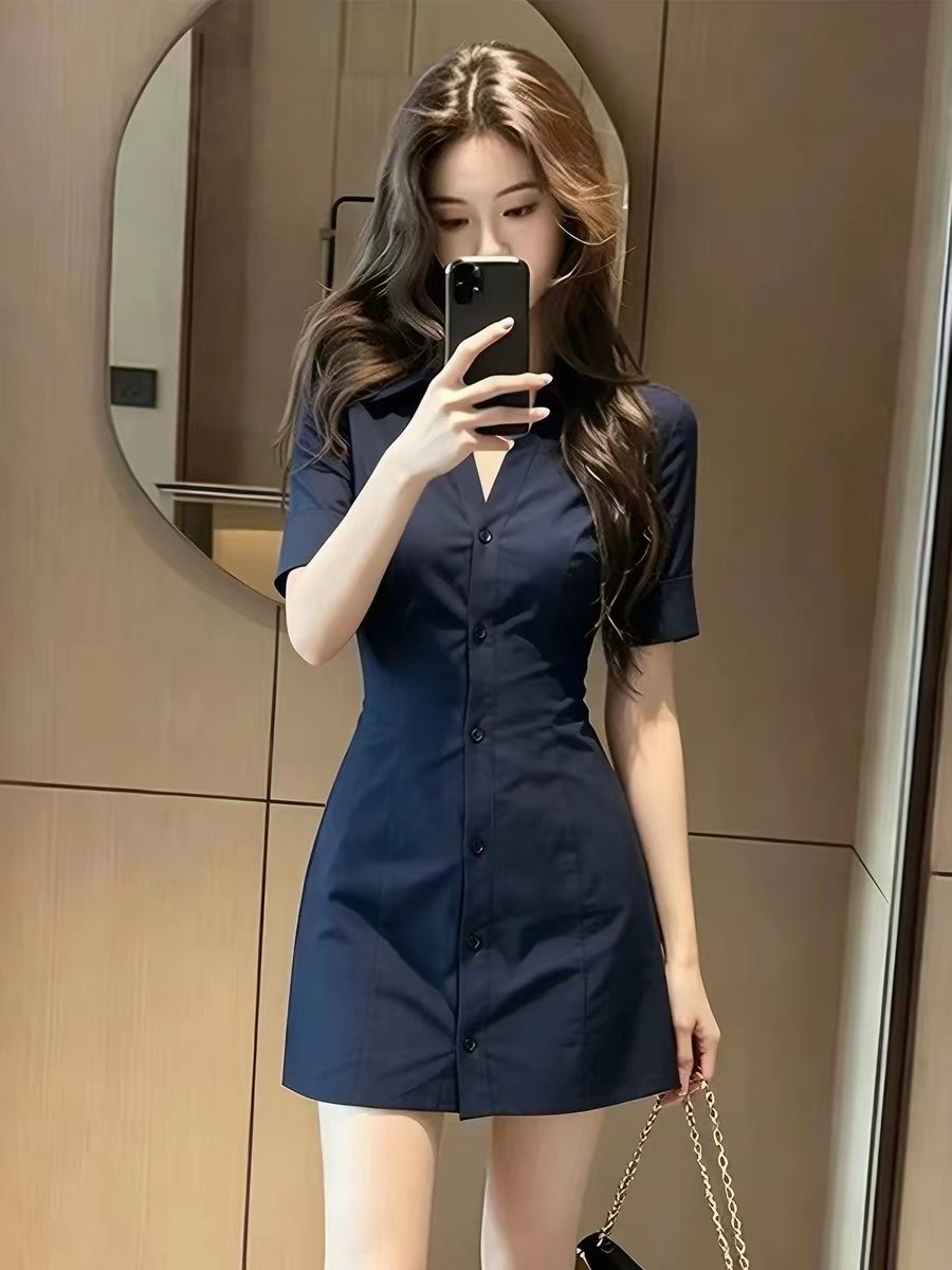프랑스식 V넥 반팔 셔츠 여성 드레스 고급 센스 핫걸 허리 수축 품격 짧은 치마 2026 여름 새로운