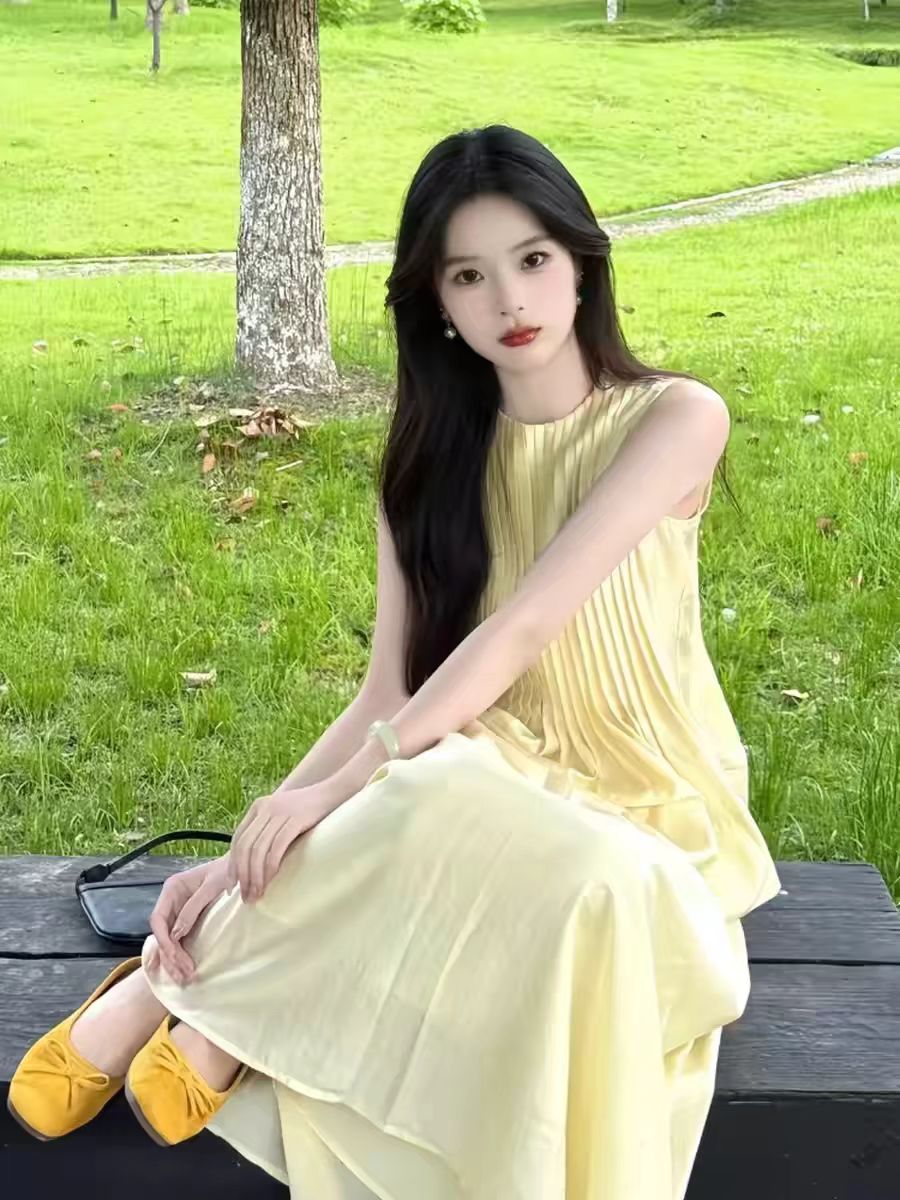 자이언트 잘 생긴 ~ 중 투피스 세트 여름 드레스 황색 플리츠 민소매 맨위 얼룩덜룩 한 망 망 코코넛 착용 가져 가라. 한 부서 작은 세트 드레스