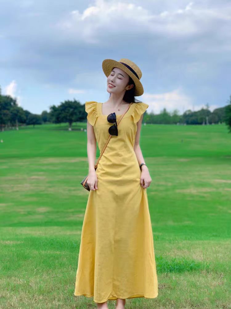 작은 날다 소매 황색 슬립 여성 드레스 여름 고급 센스 해변가 휴가 허리 수축 롱 스커트 도파민 아름다운 작은 치마