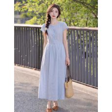 批发法式蓝色蕾丝短袖连衣裙<b class='q'>女装</b>2026夏季新款巨好看的大方得体绝美裙