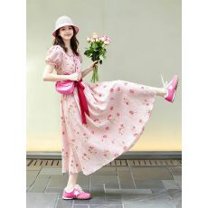 批发气质粉色<b class='q'>泡泡袖</b><b class='q'>连衣裙</b>女26夏季新款大方得体独特绝美巨好看长裙子