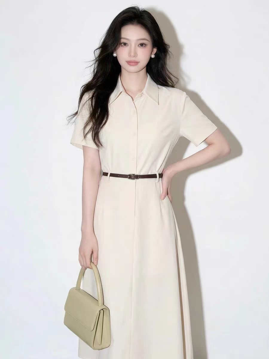 고유 한 슈퍼 잘 생긴 폴로 칼라 셔츠 여성 드레스 2026 여름 새로운 허리 수축 슬림해 보이는 가스 질감 살구 색상 롱 스커트
