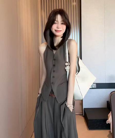 오래된 돈 바람 고급 센스 캐주얼 세트 여성 여름 품격 출퇴근 민소매 베스트 조끼 와이드 레그 팬츠 투피스 세트