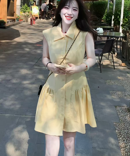 프랑스식 부드러운 황색 POLO 칼라 허리 수축 여성 드레스 여름 민소매 디자인 센스 연령 감소 작은 키 조끼 미니 스커트