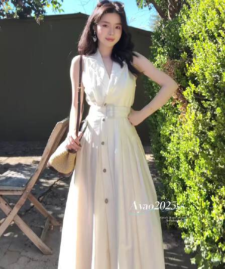 프랑스식 화이트 롱 코트 아마 조끼 여성 드레스 2026 새로운 POLO 칼라 민소매 셔츠 드레스 허리 수축 롱 스커트