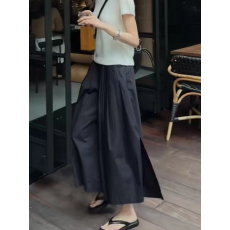 批发压褶松紧腰宽松百搭裤裙女夏季<b class='q'>大码</b>开叉高腰显瘦八分裤阔腿休闲裤