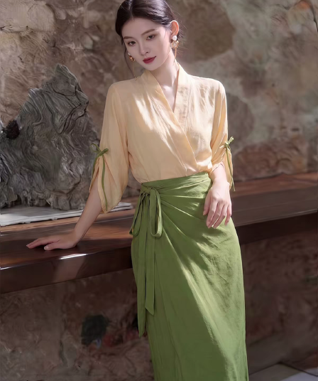 새로운 중식 국풍 레트로 품격 살구 색상 자외선 차단 셔츠 세트 여자 여름 일상 웨어러블 한푸 투피스 세트